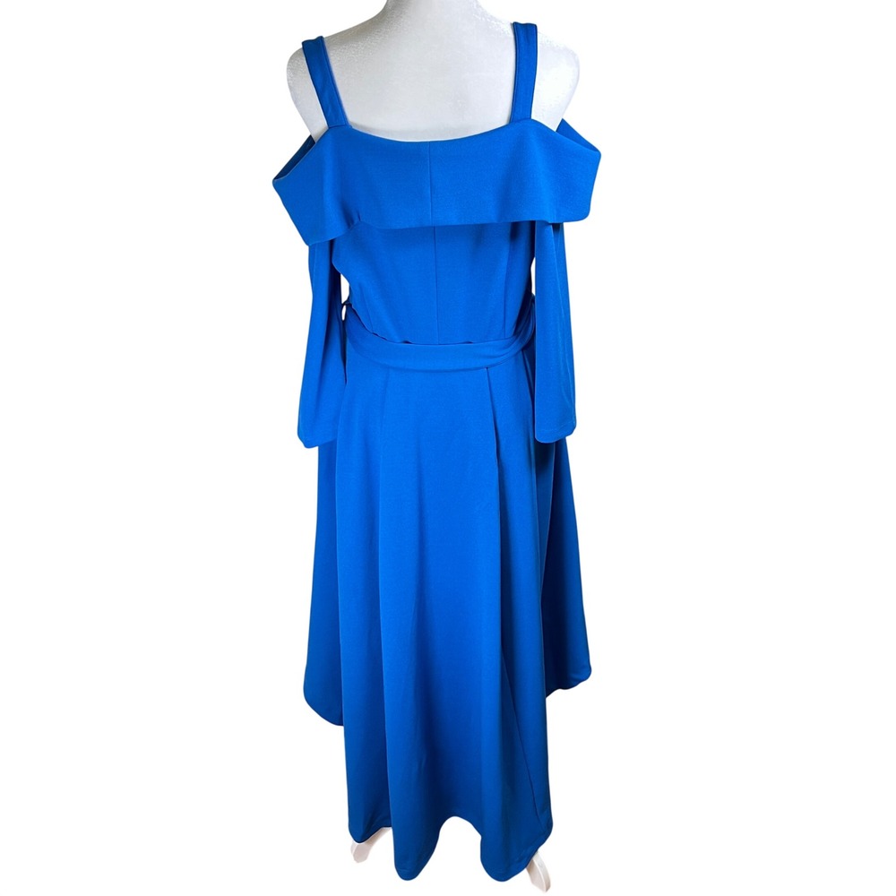 Venus Royal Blue Off Shoulder High Low Belted Dress Silver Buttons Size 6 - Picture 2 of 9